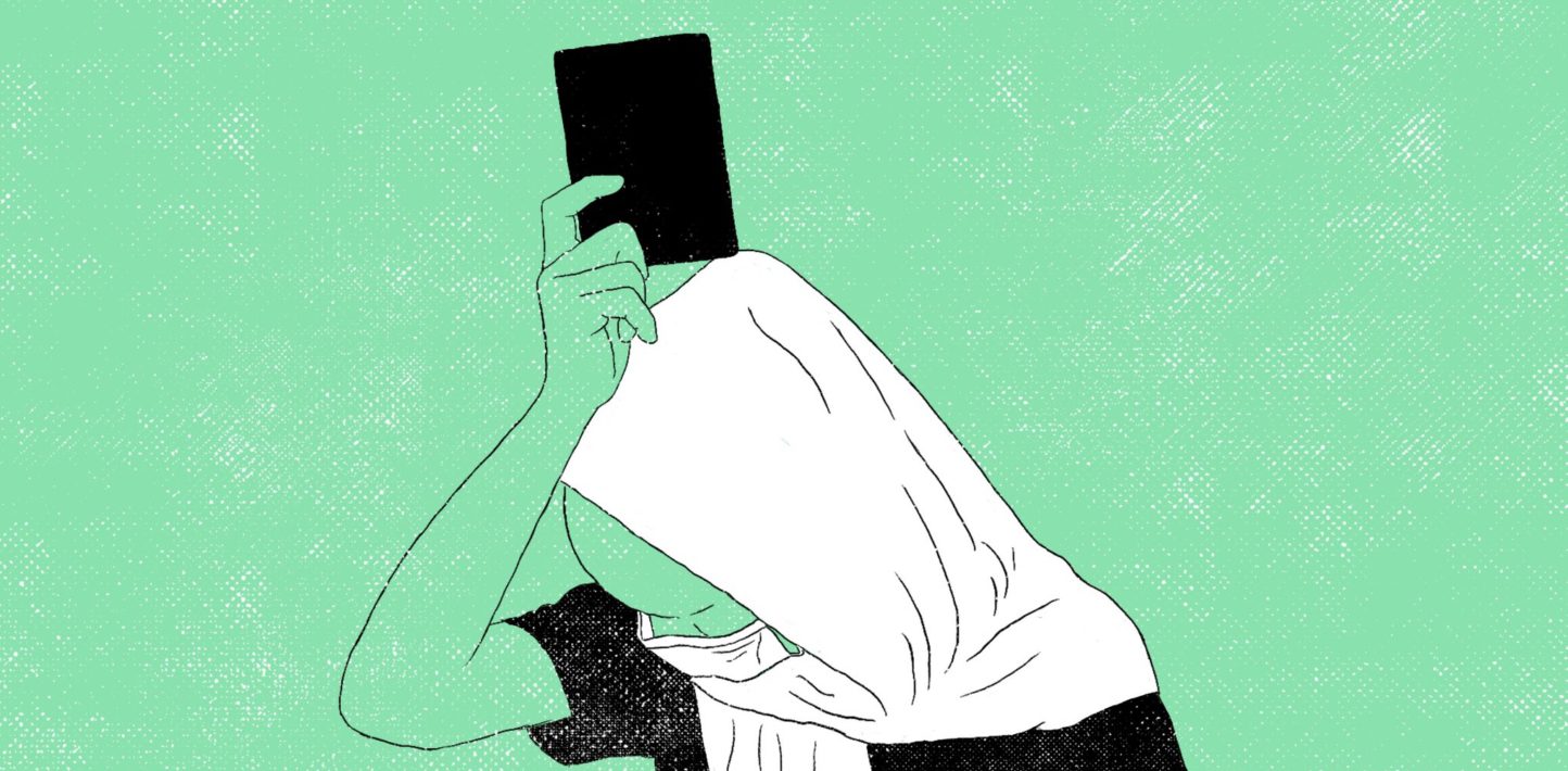 Image is a graphic rendition of a recent migrant raid. A woman in a headscarft and face mask holds a passport above her head. She is facing the ground. The background is green.