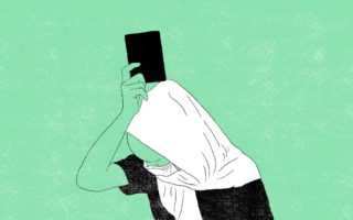 Image is a graphic rendition of a recent migrant raid. A woman in a headscarft and face mask holds a passport above her head. She is facing the ground. The background is green.
