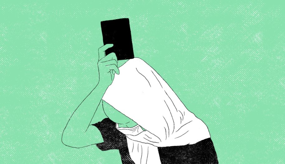 Image is a graphic rendition of a recent migrant raid. A woman in a headscarft and face mask holds a passport above her head. She is facing the ground. The background is green.